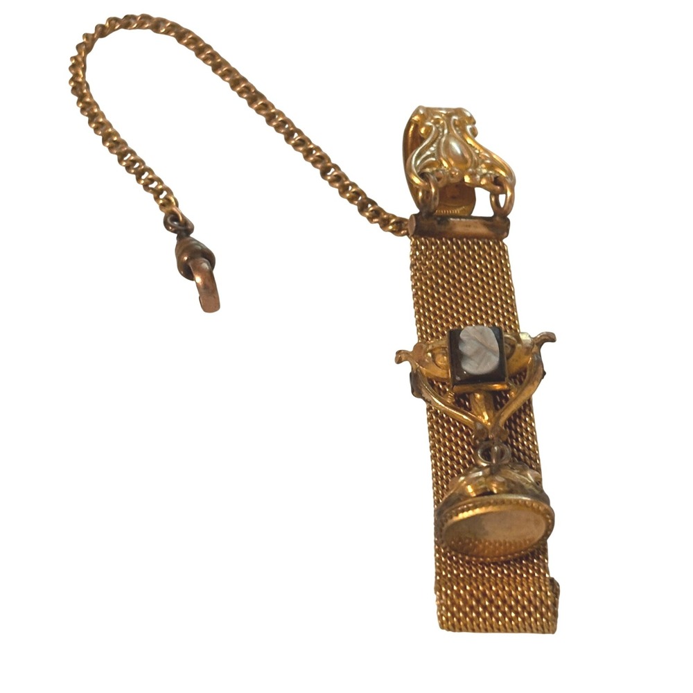 Antique Victorian CAMEO Gold FILLED Mesh Watch Fob Hardstone Spinner Seal Clasp